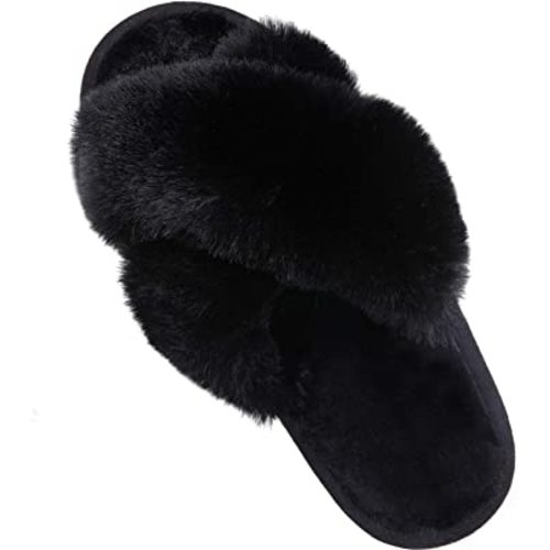 Comwarm Women's Cross Band Fuzzy Slippers Fluffy Open Toe House Slippers Cozy Plush Bedroom Shoes Indoor Outdoor