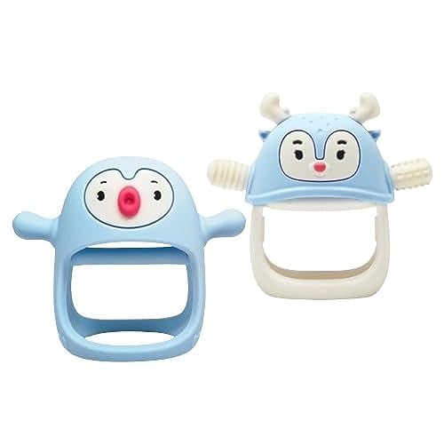 Smily Mia Baby Teething Toys, Penguin and Reindeer Gift Set for Teething Pain Relief, Hand Pacifier + Teether for 0-12 Months Babies, Light Blue