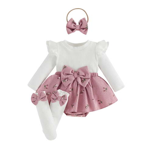 Loicainy Newborn Baby Girls Summer Romper Dress 3 6 9 12 Months Long Sleeve Skirt Jumpsuit Long Socks Headband Clothes Set