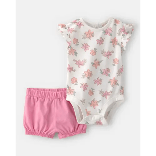 Baby Girl 2-Piece Floral Short-Sleeve Bodysuit & Short Set - Pink/White | Carter's