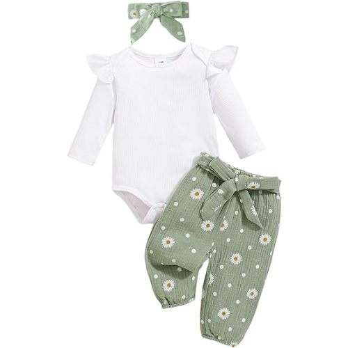 Newborn Baby Girl Clothes Sunflower Outfit Ruffle Romper Tops Floral Pants Outfit Fall Winter Clothing