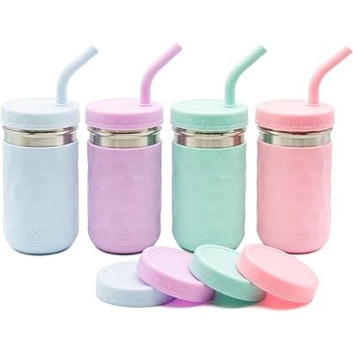 WeeSprout 2-in-1 Drinking Cups for Kids, Durable Stainless Steel Tumbler for Smoothies, Silicone Straws with Stoppers, Premium Plastic Twist Lids, Easy-Grip Sleeves, Set of 4 Dishwasher Safe Kid Cups