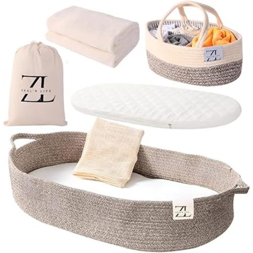 ZEAL'N LIFE Baby Changing Basket with Diapers Basket, Blanket & Changing Pad for Dresser, Potable Changing Pad, Baby Changing Pad, Changing Pad for Dresser, Moses Basket for Newborns (Brown)
