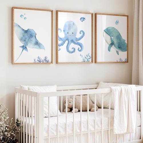 Ocean Animal Nursery Wall Art: Sea Animal Prints with Whales, Sting Ray, Jellyfish, Fish