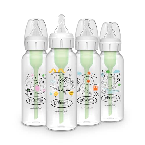 Dr. Brown's Natural Flow Anti-Colic Options+ Narrow Baby Bottle, 8 oz/250 mL, with Level 1 Slow Flow Nipple, BPA free, 0m+, Squirrel, Goat, Pig, Frog, 4-Pack