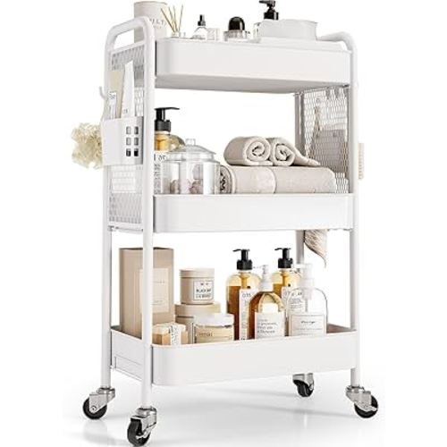 TOOLF 3 Tier Rolling Cart Storage Organizer, Metal Rolling Utility Cart with Wheels, Hooks & Bins Esthetician Craft Art Sturdy Storage with Pegboard for Bathroom, Kitchen, Office, Nursery Diaper