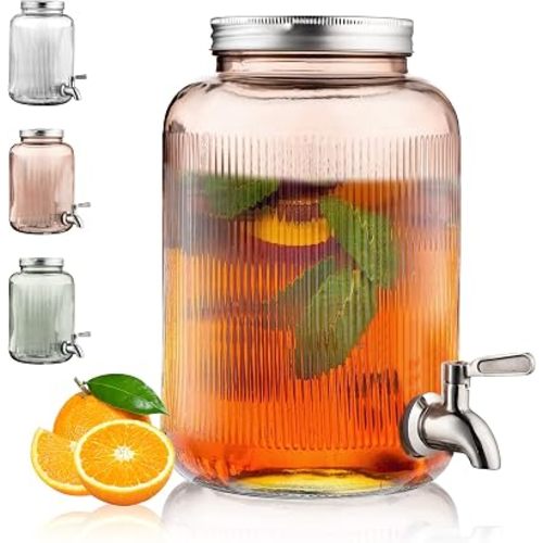 Berglander Glass Drink Dispenser for Fridge, 1 Gallon Beverage Dispenser with Leakproof Stainless Steel Spigot, Water, Laundry Detergent, Juice Dispenser for BBQ, Picnic, Parties and Events (Pink)