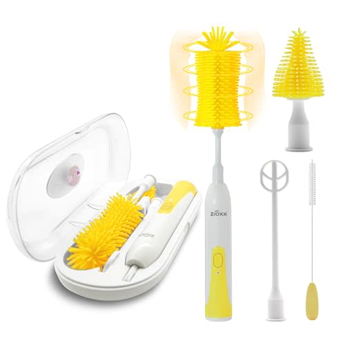 Electric Bottle Brush Cleaner New Upgrade, Portable Electric Baby Bottle Brush Cleaner for Travel, Travel Bottle Cleaner Kit with Nipple & Straw Brush, Perfect Mom Essentials After Birth Gift, Yellow