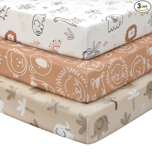 Baby Crib Sheets for Boys and Girls, 3 Pack Toddler Bed Sheets for 52”x28” Standard Toddler Mattresses, Soft Microfiber Fitted Crib Sheets Neutral Orange Animal World