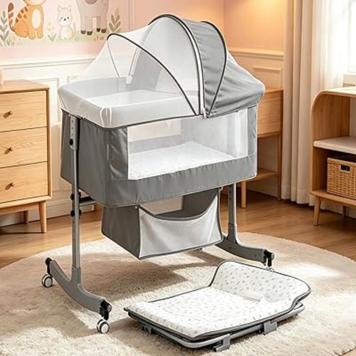 Baby Bedside Sleeper Bassinet with Changing Table, 39.4x23.6in, Portable, 6-Height Adjustable, 4-in-1 Iron Frame, Silent Wheels & Brakes, Breathable Mesh, Grey, for 0-24 Months