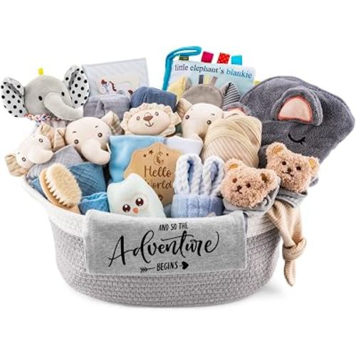 30 Piece Baby Boy Gift Basket, Baby Shower Gifts for Boys, Newborn Essentials Set, Large Baby Gift Set, All-in-One Baby Registry, Swaddle Blanket, Plush, Diaper Caddy Organizer