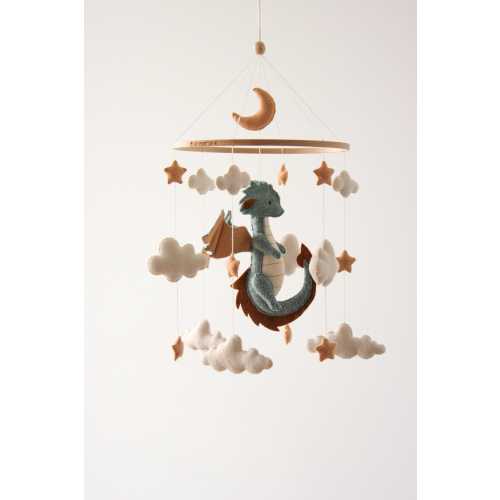 Dragon Baby Mobile, Fantasy Nursery Felt Crib Mobile with Moon and Stars, Neutral Nursery Decor