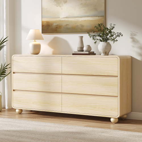 LainTene 6 Drawer Dresser for Bedroom, 53" Wide Modern Wood Dresser with Curved Profile Design, Mid Century Storage Dressers & Chests of Drawers for Living Room, Natural Oak