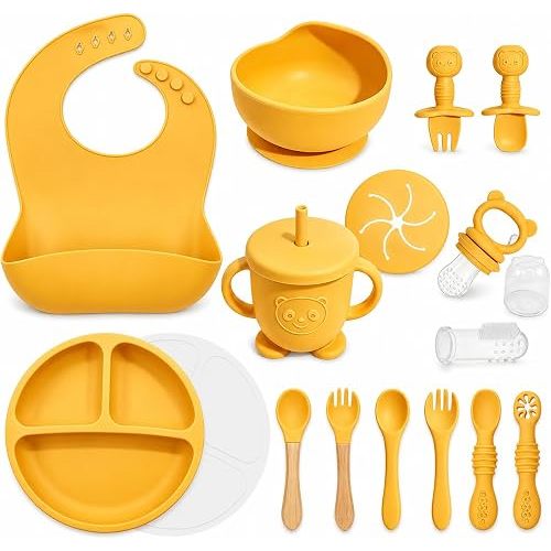 Silicone Baby Feeding Utensils Set for 6+ Months, 17 Pcs, Yellow