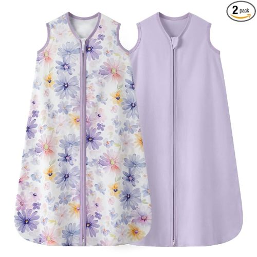 Baby Sleep Sack 0-6 Months 0.5 TOG, 100% Cotton Baby Wearable Blanket 2 Pack with 2-Way Zipper, Lightweight Sleep Bag for Boys ＆ Girls Newborn Infant Breathable Sleeing Sack Purple Flower