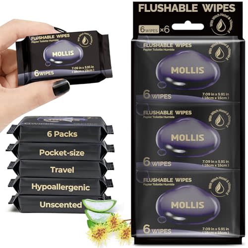 MOLLIS Witch Hazel Travel Flushable Wipes, Pocket Size Mini Packs, 6 Packs | Wet Wipes with Vitamin E, Safe for Sensitive Skin, Unscented & Alcohol-Free, 100% Plant-Based (36 Wipes Total)