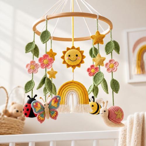 Crochet Rainbow Baby Mobile, Sun Flower, Butterfly, Bee, Ladybug Nursery Decor
