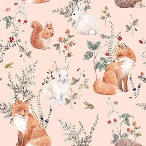 Livelynine 17.5x276 Whimsical Peel and Stick Wallpaper Pink Flower Woodland Animal Wall Paper for Bedroom Nursery Girls Room Kids Girly Fairy Tale Garden Blush Cute Fun Contact Paper Renter Friendly