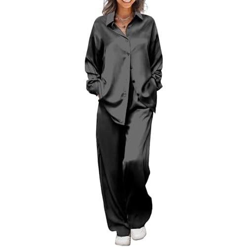 Ekouaer Womens Satin Silky Pajama Set 2 Piece Print PJs Soft Loungewear Button Down Sleepwear with Elastic Waist Long Pants