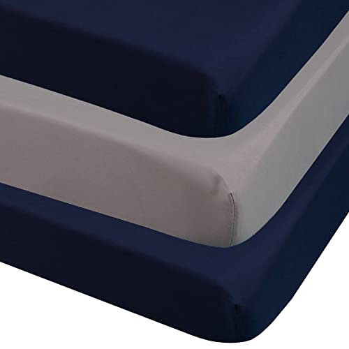 CaSaJa 3-Pack Fitted Crib Sheets Set for Baby Boys, Extra Soft Breathable 9" Deep Mattress Sheet for Standard Toddler Bed 28x52, Cozy Washable Microfiber Nursery Sheets, 2 Navy Blue/1 Charcoal Gray