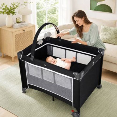 3-in-1 Pack and Play Portable Baby Crib and Playpen with Changing Table, Black