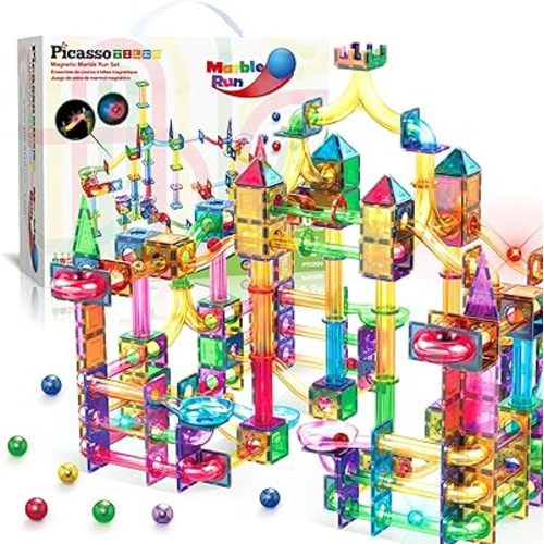 PicassoTiles 200pc Magnetic Marble Run Tiles Toy STEM Educational Race Track with Light Up Marbles Magnet Tile Building Blocks Maze Kit Sensory Pretend Play Toys for Toddlers Boys Girls Ages 3+ PTG200