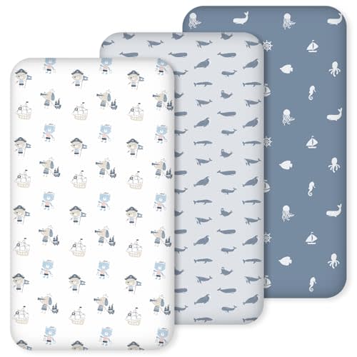 Nap Mat Sheet 47"x24", 3 Pack Blue Ocean Sailor Baby Crib Sheets Fitted Elastic Corners, Preschool Day Care Rest Mat Cover, Soft Breathable - Compatible with Regalo My Cot, Joovy Travel Cot