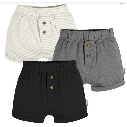 (3-6M) 3-Pack Baby Neutral Tan Stripe, Dark Grey Heather, & Black Knit Shorts