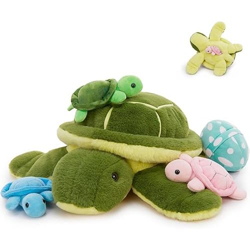 MorisMos 5Pcs Turtle Stuffed Animals with Babies Inside, 17.5 Inch Cute Stuffed Turtle Plush Toys Set, Realistic Sea Animal Toys Gift for Kids Girls Boys Birthday Christmas