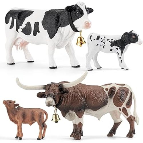 4PCS Cows Bulls Longhorn Farm Animal Figurines Toys for Kids, Plastic Cow Farm Animals Figures for Boys Girls Include White Holstein & Texas Longhorn and 2 Calfs, Cake Toppers Party Favors
