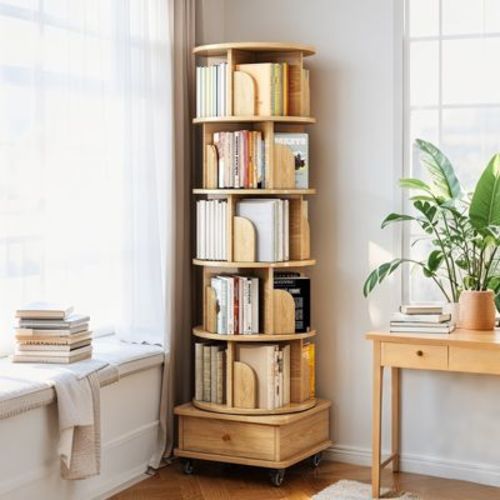 ORRD 6-Tier Rotating Bookshelf with Wheels & Drawer, Wood Color