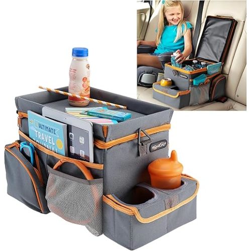 High Road CarHop Car Seat Organizer for Kids and Adults with Cup Holder Tray, Side Pockets and Cooler Compartment (Medium, Gray)