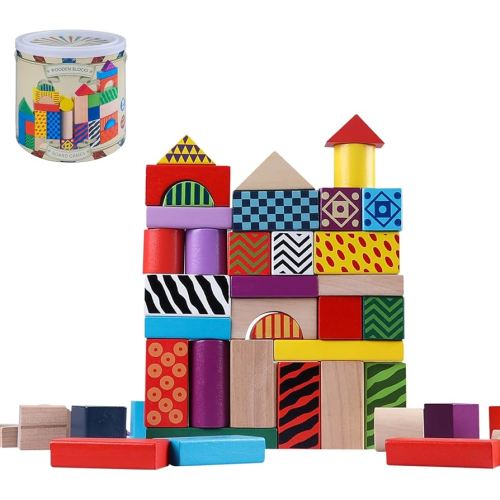 50 Pcs Wooden Building Blocks Set with Storage Bucket, Montessori Stacking Blocks & Shape Sorting Toys for Toddlers, Preschool Learning Toys for Boys & Girls, Kids Brightly Colored Blocks
