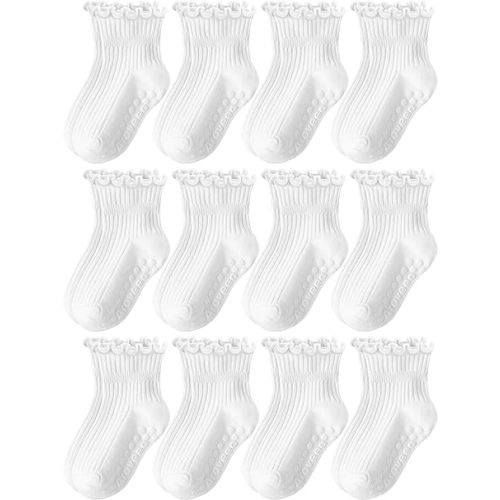 Toddler Girls Socks 12 Pack Grip Non Slip Ruffle Frilly Cotton Socks for Toddlers Baby Girls Kids Cute 6M-7Years