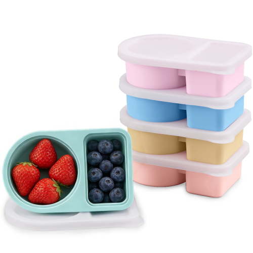 Lumikrypt 5 Pack Silicone Snack Containers with Lids, 2-Compartment Reusable Snackle Box, 8oz, Leak-Proof Small Food Storage for School, Travel & Diaper Bag, BPA-Free