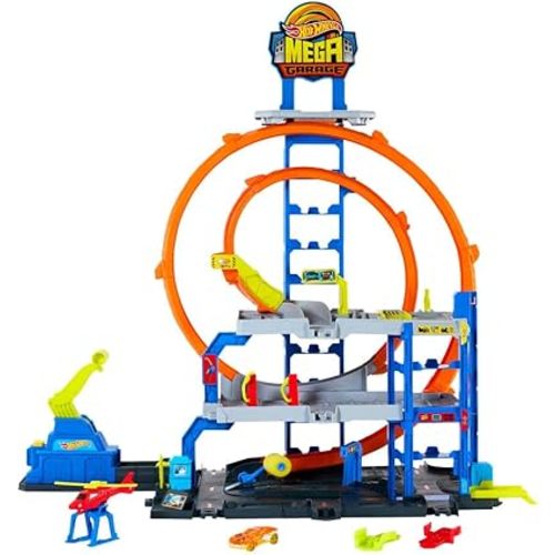 Hot Wheels Toy Car Track Set with Die-Cast Car & Helicopter, 2 Loops, Storage for 36 1:64 Scale Vehicles, Speed Snap Adapters, Mega Loop Garage