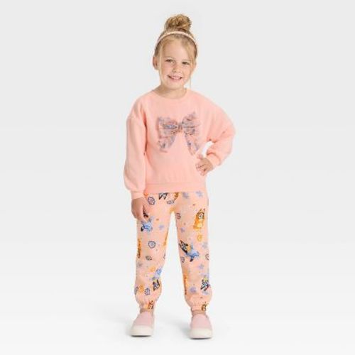 Toddler Girls' 2pc Bluey Bingo Floral Cozy Fleece Sweatshirt with Tulle Bow and Pants Set - Peach Orange