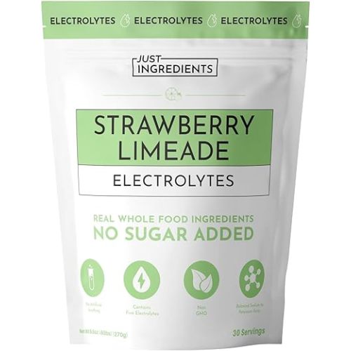 JUST INGREDIENTS Strawberry Limeade Electrolytes – 30 Serving Bag – Hydration Drink Mix with Essential Minerals – Remineralizing Formula – No Sugar Added – Supports Energy – Vegan, Non-GMO