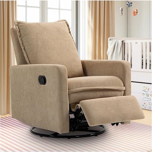 cinkehome Swivel Rocking Recliner Chair for Nursery, Upholstered Glider Rocker Recliner, Swivel Reclining Chair for Nursery Living Room Bedroom, Camel Short Plush
