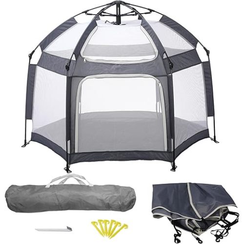 Baby Playpen, Portable Baby Playpen with UPF50+ Canopy, 1-Second Setup, Foldable Play Yard for Indoor/Outdoor Use, Kids Tent for Beach Camping Travel - Includes Travel Bag & Safety Stakes(Gray)