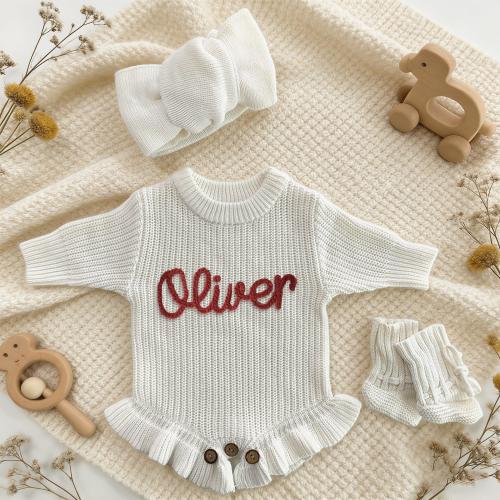 Hand Embroidered Name Baby Romper Set, Custom Baby Name Knit Ruffle Romper, Baby Shower Gift, Ruffle Infant Romper, First Birthday Gift
