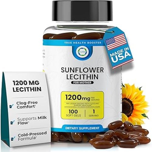 Organic Sunflower Lecithin 1200 mg – Sunflower Lecithin Breastfeeding Supplement for Moms – Supports Milk Flow, Clogged Duct Relief, Brain & Liver Health – Soy-Free, Non-GMO – 100 Softgels