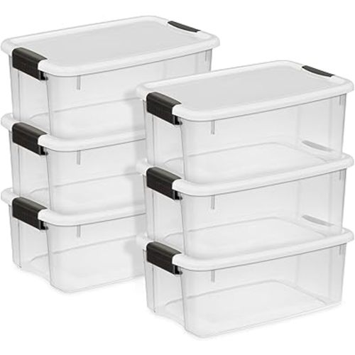 Sterilite 6-Pack Ultra Latching Box, Storage Bins with Lids, Clear Plastic, 18 Quart - Heavy-Duty Organizing Containers for Closet, Bathroom, and Office