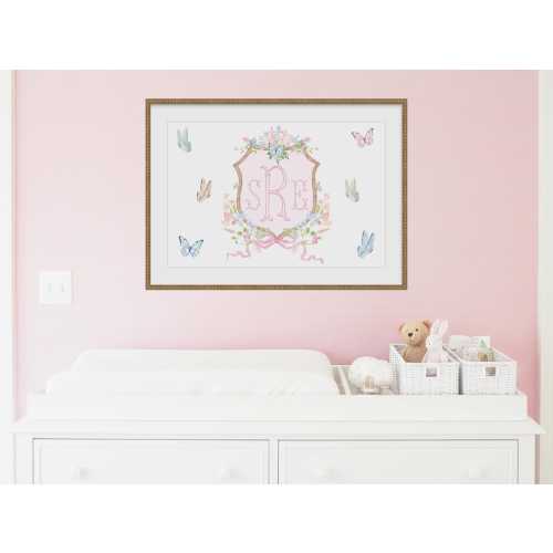 Personalized Watercolor Baby Crest | Butterfly Nursery Monogram Print