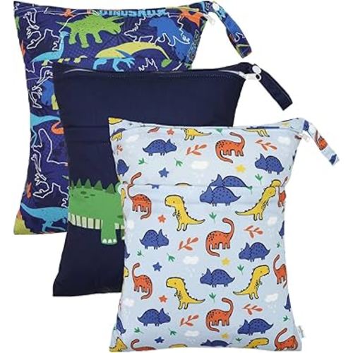 babygoal Dinosaur Wet Dry Bags 3 Pack, Waterproof Travel Bags for Swimsuits, Beach, Pool, Gym,Food Storage and Wet Clothes,3LN40-B