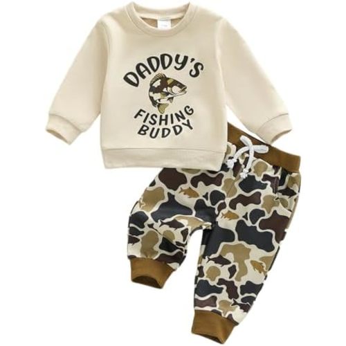 Toddler Baby Boy Fishing Outfit Letter Print Long Sleeve Sweatshirt Fish Pattern Pants Set Infant Fall Winter Clothes