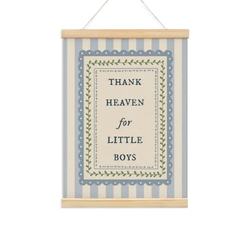 NaZaUK Blue Vintage Nursery Decor Poster Hanger Frame for Boys, Baby Boy Room Decor, Toddler Boy Bedroom Art, Playroom Wall Hanging, Striped Quote Sign, Thank Heaven for Little Boys 12x16 Inch