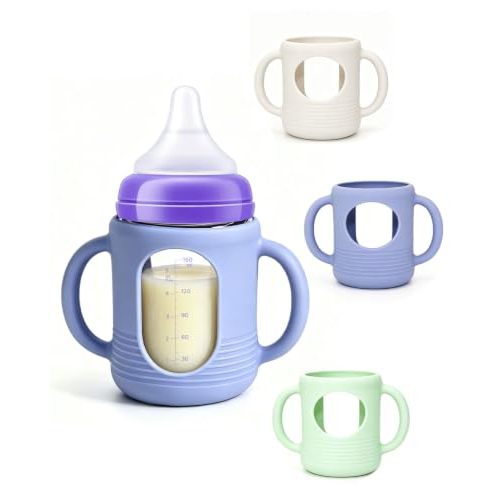 3 Pack Silicone Sleeves for Lansinoh & Pigeon Glass Baby Bottles, 5 Ounces | Baby Bottle Sleeves with Handles, BPA-Free, Drop-Resistant, Thermal Insulation, (Mint Frost / Dusk Blue / Ivory Puff)