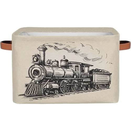 Large Storage Baskets for Organizing Shelves Vintage Steam Locomotive Train Foldable Cube Storage Bins with Handles Rectangle Fabric Closet Organizers for Home Toys Clothes, 1 Pack
