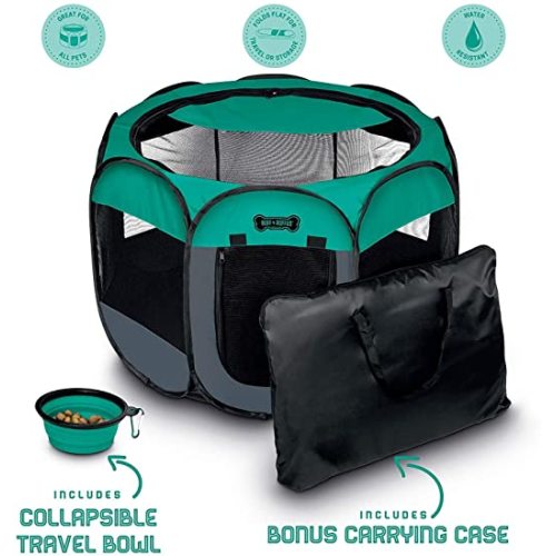 Ruff 'n Ruffus Portable Foldable Pet Playpen + Carrying Case & Collapsible Travel Bowl | Indoor/Outdoor use | Water Resistant | Removable Shade Cover | Dogs/Cats/Rabbit | Available in 3 Sizes - XL (48" x 48" x 23.5") With Free Bonus